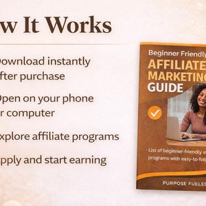Puede incluir: Imagen con el texto "How It Works" y una gu&iacute;a titulada "Beginner Friendly Affiliate Marketing Guide". La gu&iacute;a presenta a una mujer usando una computadora port&aacute;til. Los pasos incluyen descargar, abrir, explorar programas de afiliados y aplicar.