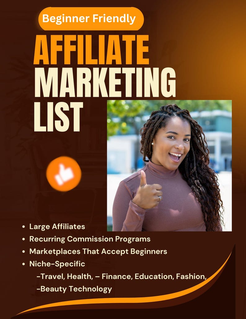 Puede incluir: Gr&aacute;fico promocional naranja y marr&oacute;n que promociona una lista de marketing de afiliaci&oacute;n para principiantes. El texto dice "Affiliate Marketing List" con vi&ntilde;etas que enumeran las funciones. Una mujer con trenzas levanta el pulgar.