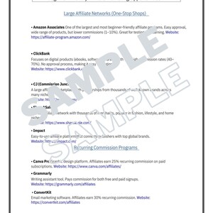 Puede incluir: Un documento blanco titulado "Sample Page Preview" con informaci&oacute;n sobre oportunidades de marketing de afiliaci&oacute;n para principiantes. El documento enumera grandes redes de afiliados y programas de comisiones recurrentes, incluyendo Amazon Associates y Canva Pro.