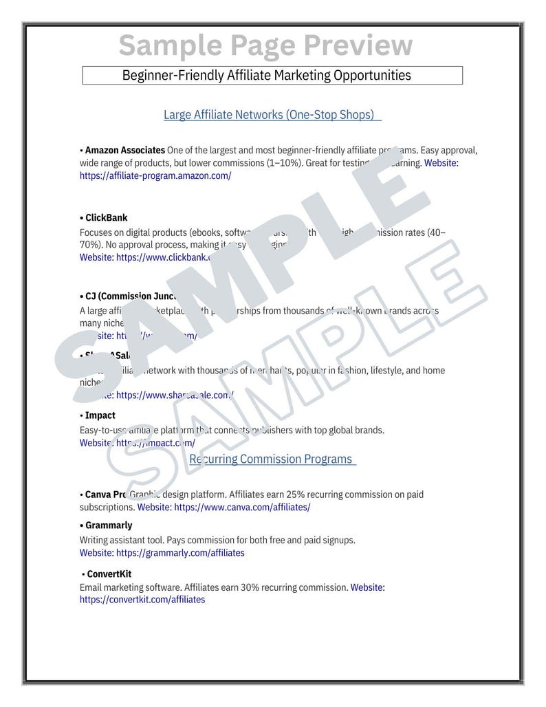 Puede incluir: Un documento blanco titulado "Sample Page Preview" con informaci&oacute;n sobre oportunidades de marketing de afiliaci&oacute;n para principiantes. El documento enumera grandes redes de afiliados y programas de comisiones recurrentes, incluyendo Amazon Associates y Canva Pro.