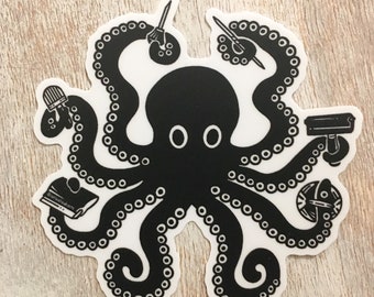 Printmaking Octopus sticker, printmaker’s sticker, octopus with printmaking tools, 3”x 3” vinyl sticker,  black and white sticker, linocut