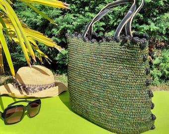 vanessa bruno style bag , green macrame raphia bag , green macrame basket , beach bag  raphia bag