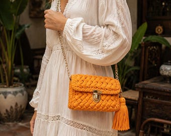 knitted orange bag , crochet bag , tshirt yarn bag , orange knitted bag , orange bag , crochet bag , braided bag , crossbody bag , pink