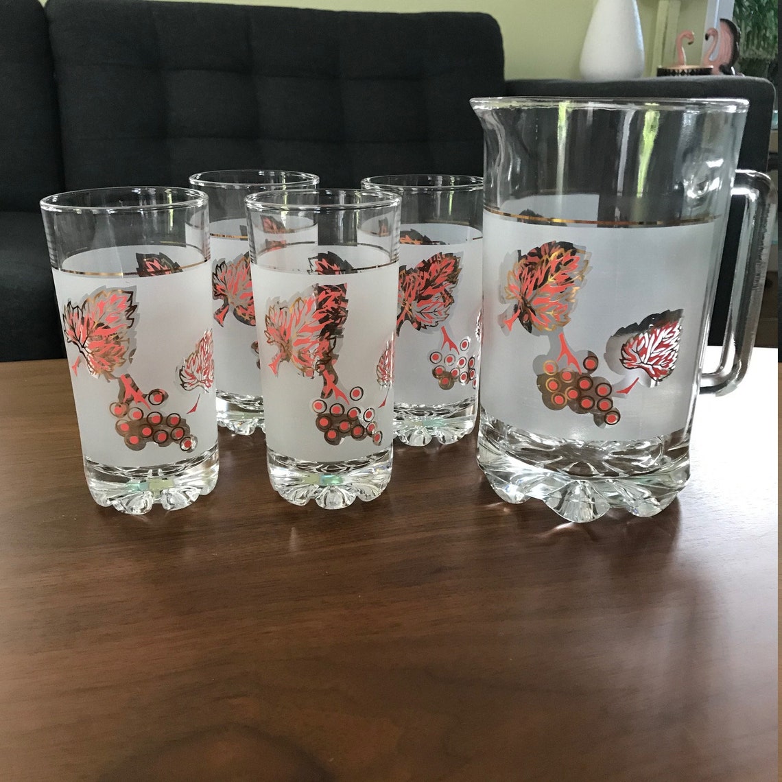 Vintage Frosted Glass Pitcher Drinking Glasses Pink Leaf Etsy