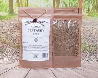 May include: A brown paper bag with a zipper closure contains dried herbs. The bag is labeled "Common Centaury Herb (Centaurium erythraea)". The label also includes instructions to store the herbs in a dry, cool, and dark place.