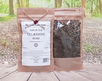 May include: A brown paper bag with a clear window showing dried herbs inside. The bag is labeled "Greater Celandine Herb (Chelidonium majus L.)" and includes the website address "www.HealthEmbassy.co.uk".