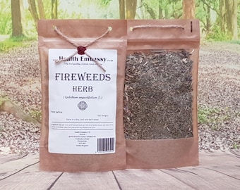 May include: A brown paper bag with a clear window showing dried fireweed herb inside. The bag is labeled "Fireweeds Herb (Epilobium angustifolium L.)" and has a Health Embassy logo.