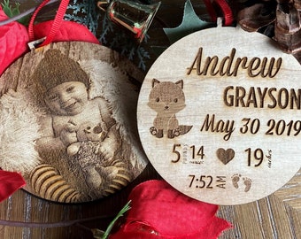 Baby’s First Christmas Woodland Ornament - Personalized Newborn Stats Gift Wood Round Decoration Keepsake Etched baby photo