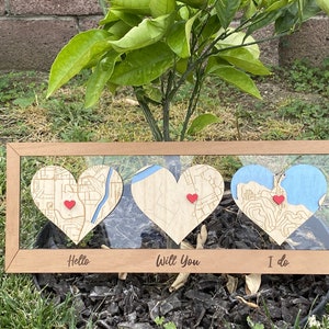 Wooden Love Story Maps Wall Art - Hello Will You I do - Engagement Wedding Anniversary Gift