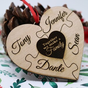 Family Puzzle Heart Ornament - Wood Rustic Personalized Valentine | Together We Make A Family
