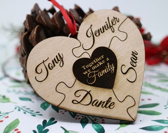 Family Puzzle Heart Ornament - Wood Rustic Personalized Valentine | Together We Make A Family