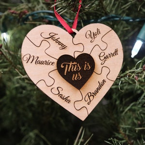 Family Puzzle Heart Ornament Wood Rustic Personalized Valentine 