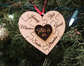 Family Puzzle Heart Ornament - Wood Rustic Personalized Valentine