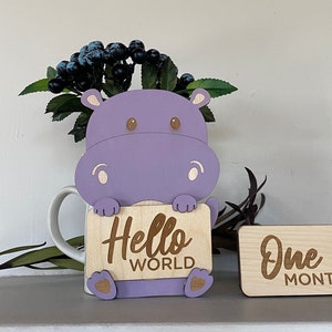 Support de signe d'hippopotame pour des photos de bébé | Marqueurs bébé | Renard | Ours | Chouette | Accessoires photo | Cadeau bébé | Cartes d'étape de bébé | Mensuel des bois