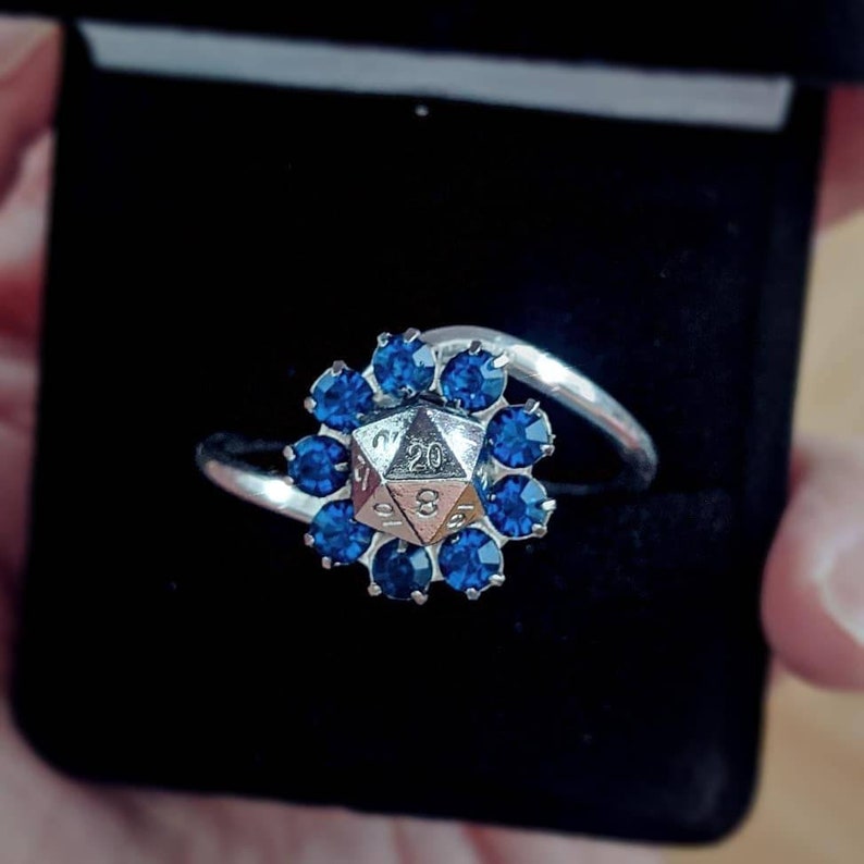 D20 Ring Sterling Silver with Blue Crystal prototype
