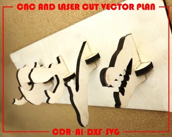 May include: A laser cut wooden design with the text "CDR. AI. DXF. SVG" on a brown background. The design is made up of several interlocking pieces, including a bird, a fish, and a flower.