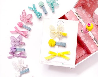 Schmetterling Haarspange 3er Set | Baby-Mädchen Haarspangen | Samt Schleife Pom Pom Clip | Kleinkind Haar-Accessoire | Baby-Dusche-Geschenk