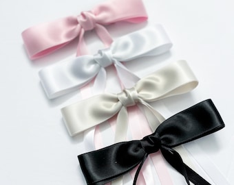 Satin Ribbon Long Tail Hair Bow: Alligator Clip, Handmade in Canada