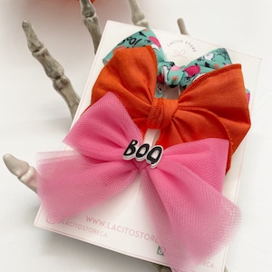 Halloween hair bow Set for girls, fall serged cotton bow, Ghost hair bow-knotted, bows for girls, tulle hair bow, Halloween bows for girls