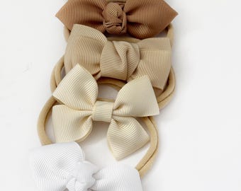 Neutral Baby Bow Headband Set: Handmade Nylon Newborn Hair Accessories