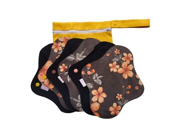 Black Cloth Pads Starter Set, Reusable Cotton Sanitary Napkins