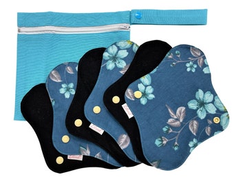 6 Pack Black Cloth Pads, Reusable Menstrual Sanitary Napkins, Starter Set, Cloth Pad Lilind®, Blue zippered Bag