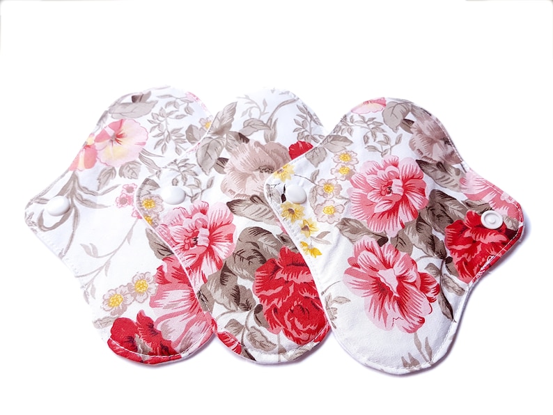 3 Pack 7 Organic Cloth Reusable Pads Red Flowers Zero Waste