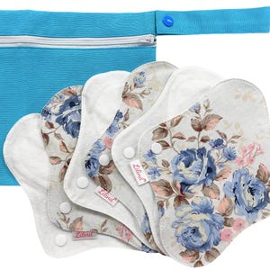 Reusable Organic Cloth Pads – 6 Pack 9" / 24cm Regular Flow, Washable and Waterproof, Made in Europe Blue Flowers