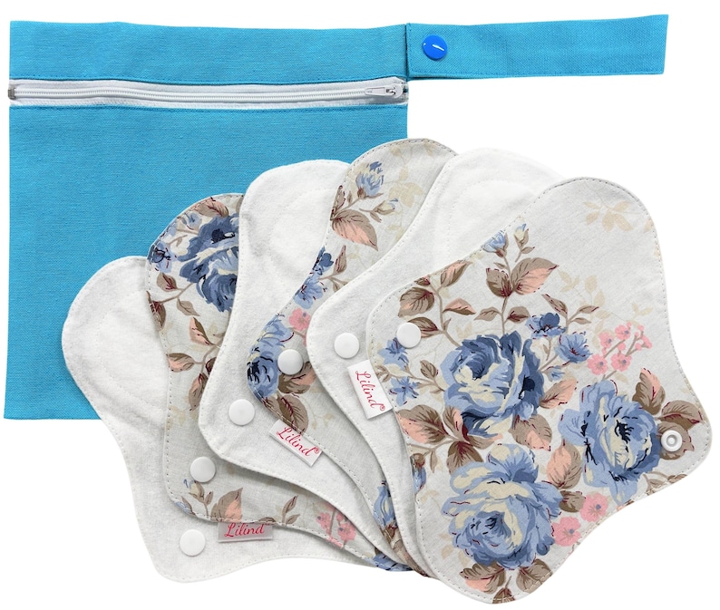 Reusable Organic Cloth Pads – 6 Pack 9" / 24cm Regular Flow, Washable and Waterproof, Made in Europe Blue Flowers