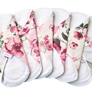 Reusable Organic Cloth Pads – 6 Pack 9" / 24cm Regular Flow, Washable and Waterproof, Made in Europe Pink Tulips