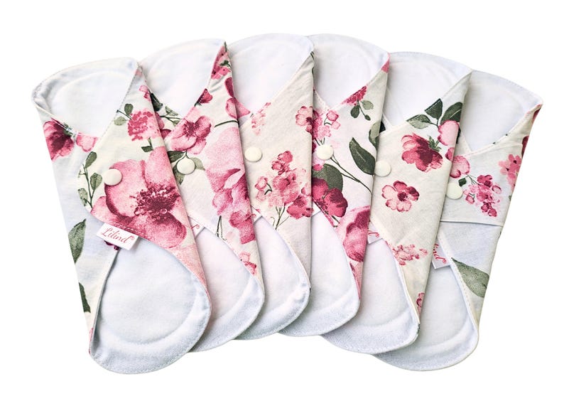 Reusable Organic Cloth Pads – 6 Pack 9" / 24cm Regular Flow, Washable and Waterproof, Made in Europe Pink Tulips