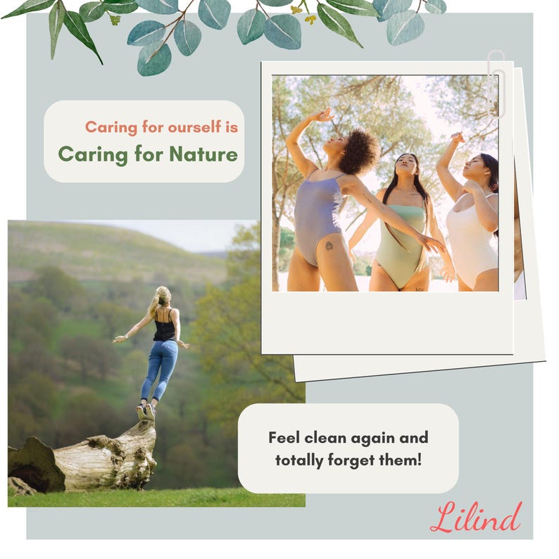 May include: A photo collage with the text "Caring for ourself is Caring for Nature" and "Feel clean again and totally forget them!"  The collage features three women in swimsuits dancing in a sunny forest and a woman standing on a fallen log in a forest.