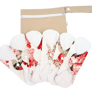 Reusable Organic Cloth Pads – 6 Pack 9" / 24cm Regular Flow, Washable and Waterproof, Made in Europe Red Peonies