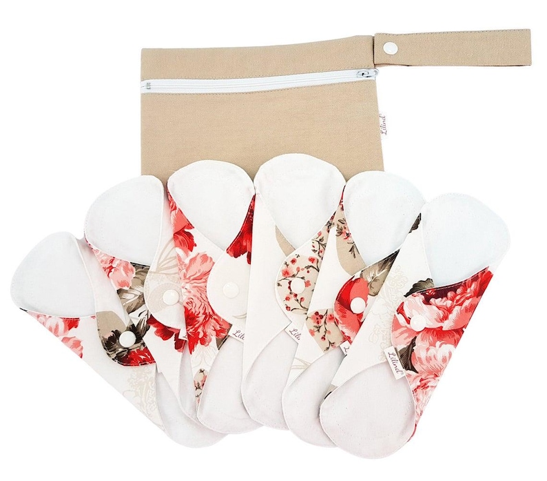 Reusable Organic Cloth Pads – 6 Pack 9" / 24cm Regular Flow, Washable and Waterproof, Made in Europe Red Peonies