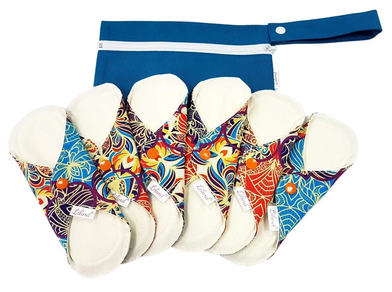 Reusable Organic Cloth Pads – 6 Pack 9" / 24cm Regular Flow, Washable and Waterproof, Made in Europe Rainbow Orient
