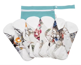Organic Cotton Cloth Pads Starter Set with Bag, Floral Sanitary Napkins
