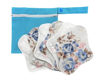 Lilind® Organic Cloth Pads, Comfortable, Healthy, Waterproof, Reusable, Spring Blue flowers