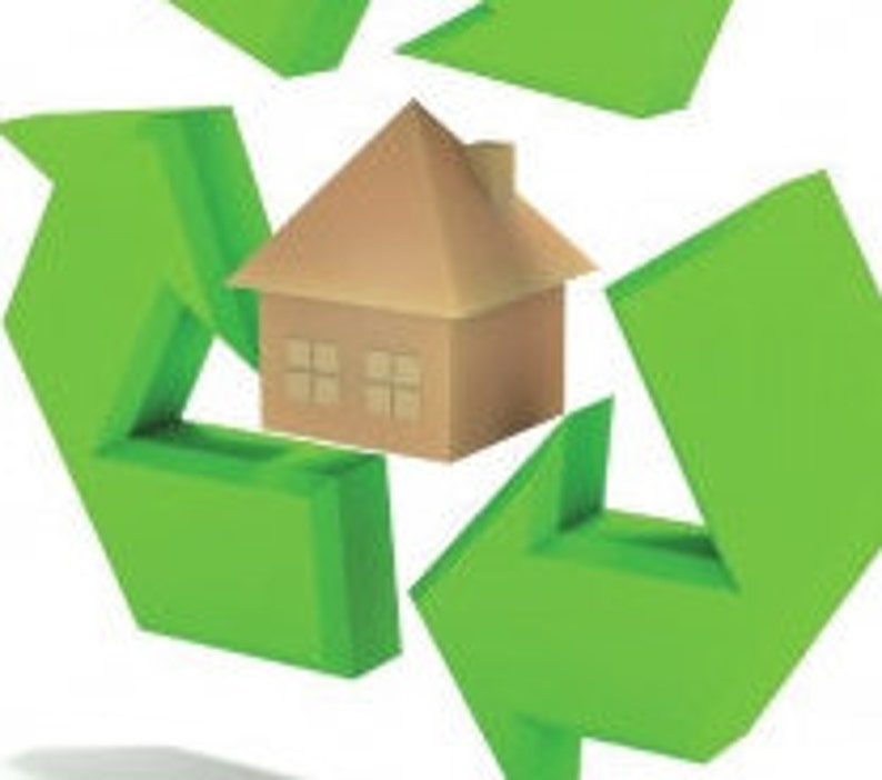 May include: A green recycling symbol with a brown paper house in the centre. The symbol represents eco-friendly and sustainable living.