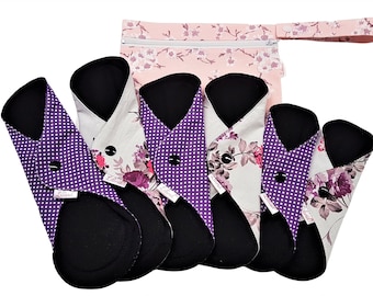Starter Set Reusable Cloth Pads with free Bag, Waterproof Menstrual Sanitary Napkins, Lila Paris