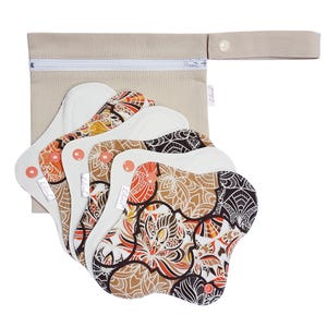 Reusable Organic Cloth Pads – 6 Pack 9" / 24cm Regular Flow, Washable and Waterproof, Made in Europe Coral Orient