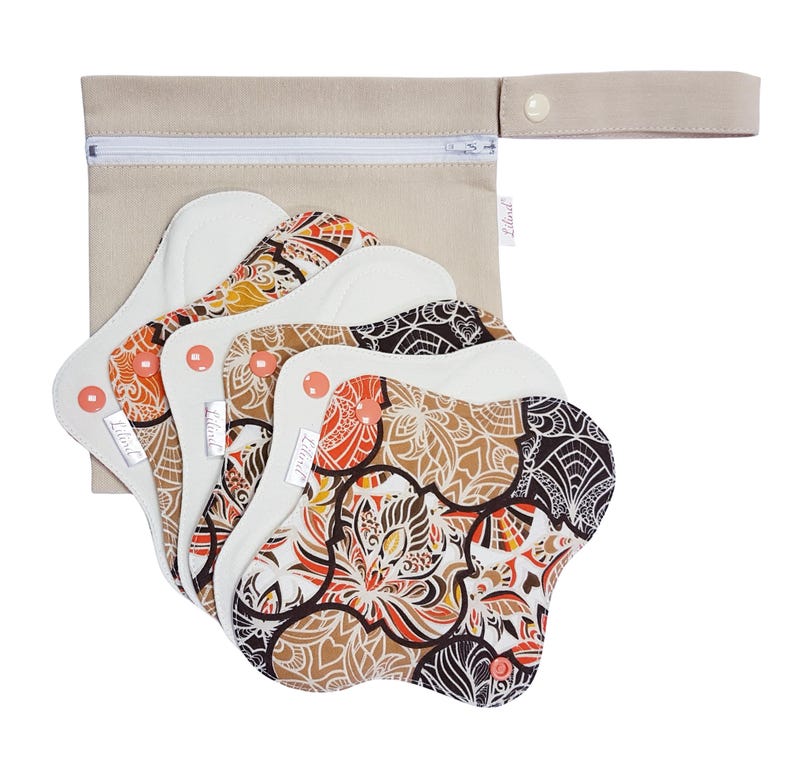 Reusable Organic Cloth Pads – 6 Pack 9" / 24cm Regular Flow, Washable and Waterproof, Made in Europe Coral Orient
