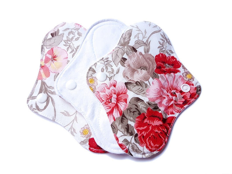 3 Pack 7 Organic Cloth Reusable Pads Red Flowers Zero Waste