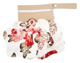 Organic Cloth Pads, Reusable Sanitary Napkins, Red Peonies, 6 Pack with Bag