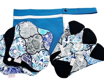 6 Pack Black Cloth Pads, Reusable Menstrual Sanitary Napkins, Starter Set