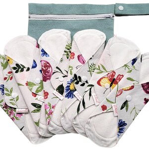 Reusable Organic Cloth Pads – 6 Pack 9" / 24cm Regular Flow, Washable and Waterproof, Made in Europe Spring Flowers