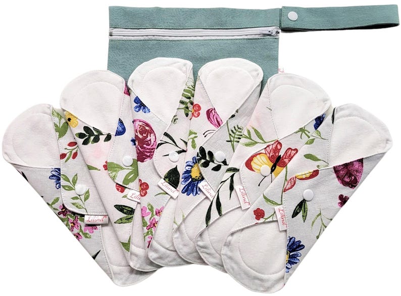 Reusable Organic Cloth Pads – 6 Pack 9" / 24cm Regular Flow, Washable and Waterproof, Made in Europe Spring Flowers