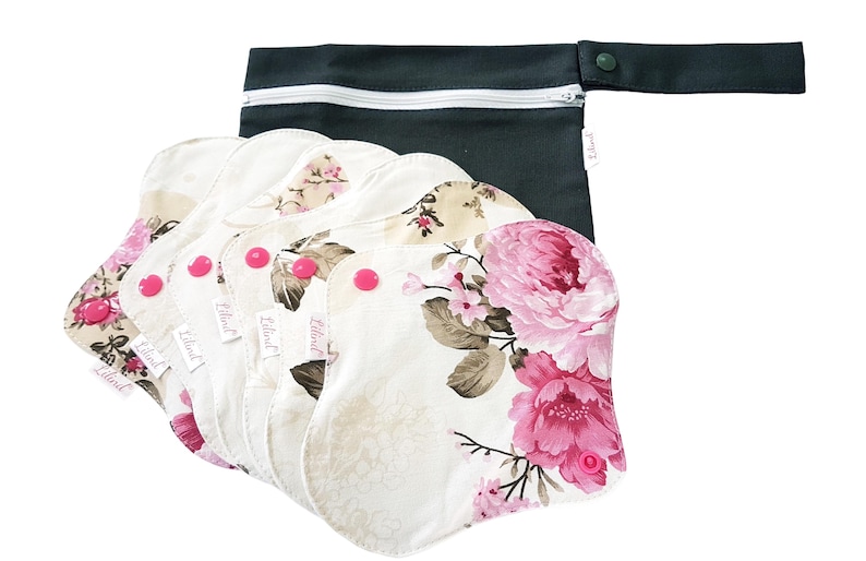 Reusable Organic Cloth Pads – 6 Pack 9" / 24cm Regular Flow, Washable and Waterproof, Made in Europe Rose Peonies