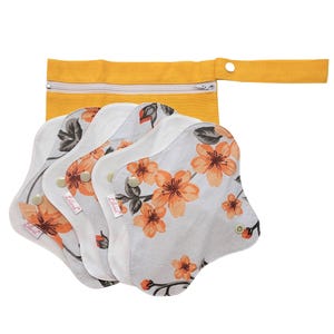Reusable Organic Cloth Pads – 6 Pack 9" / 24cm Regular Flow, Washable and Waterproof, Made in Europe Orange Flowers