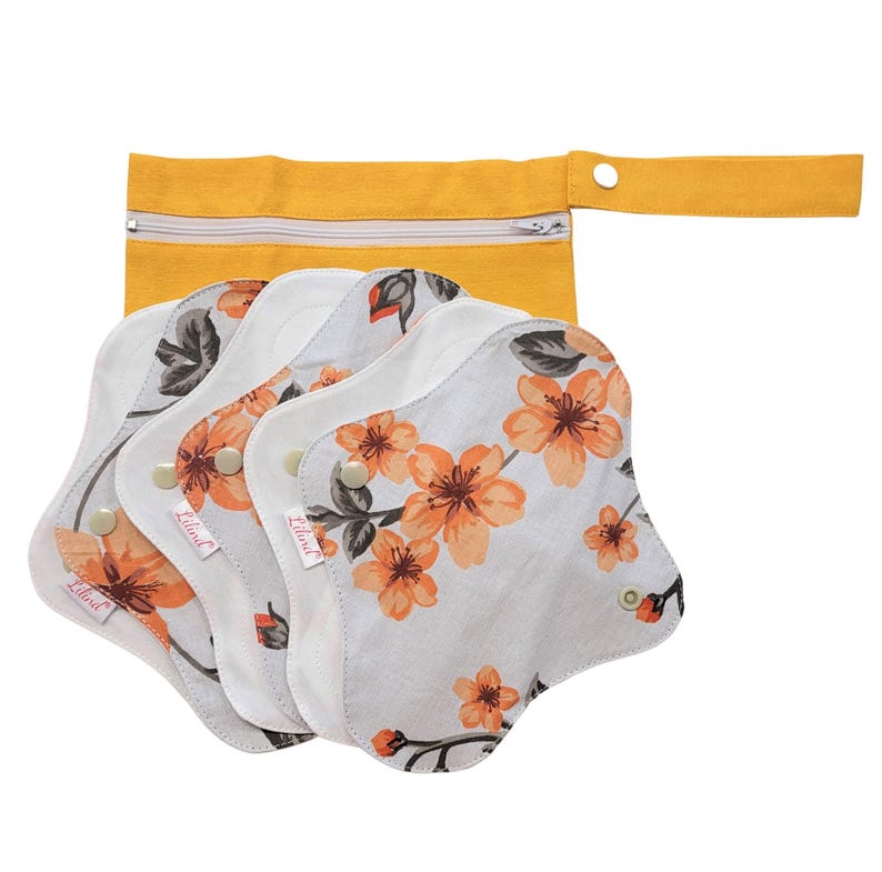 Reusable Organic Cloth Pads – 6 Pack 9" / 24cm Regular Flow, Washable and Waterproof, Made in Europe Orange Flowers