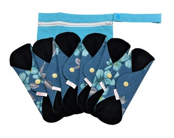 Black Reusable Cloth Pads with free zippered Bag, Reusable Menstrual Sanitary Napkins, Starter Set, Cloth Pad Lilind®, Blue